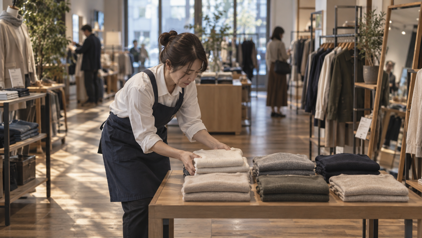 40代前半の日本人女性が畳み直しと陳列整理をしている場面