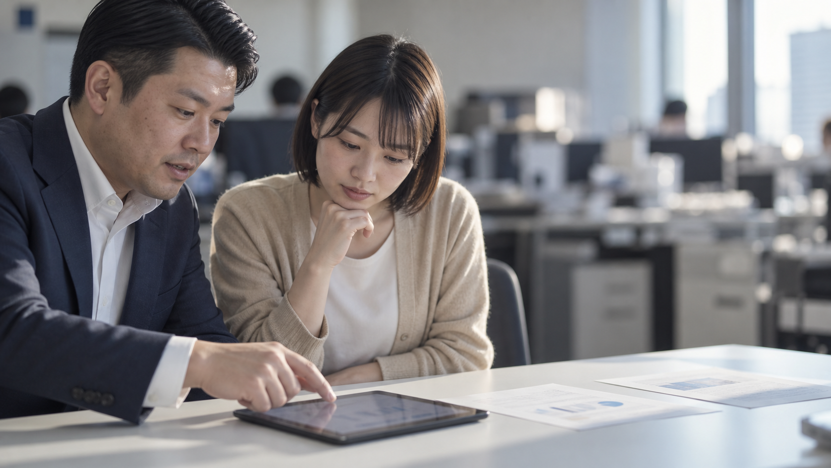 30代後半の日本人男性が会議でのタブレット共有をしている場面