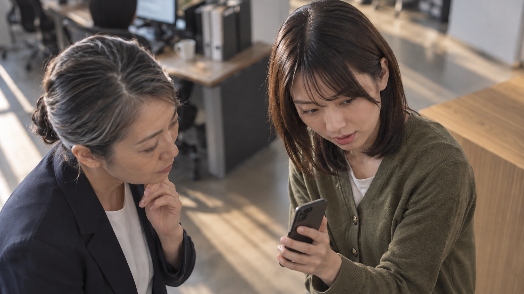 20代後半の日本人女性がスマートフォンの画面提示をしている場面