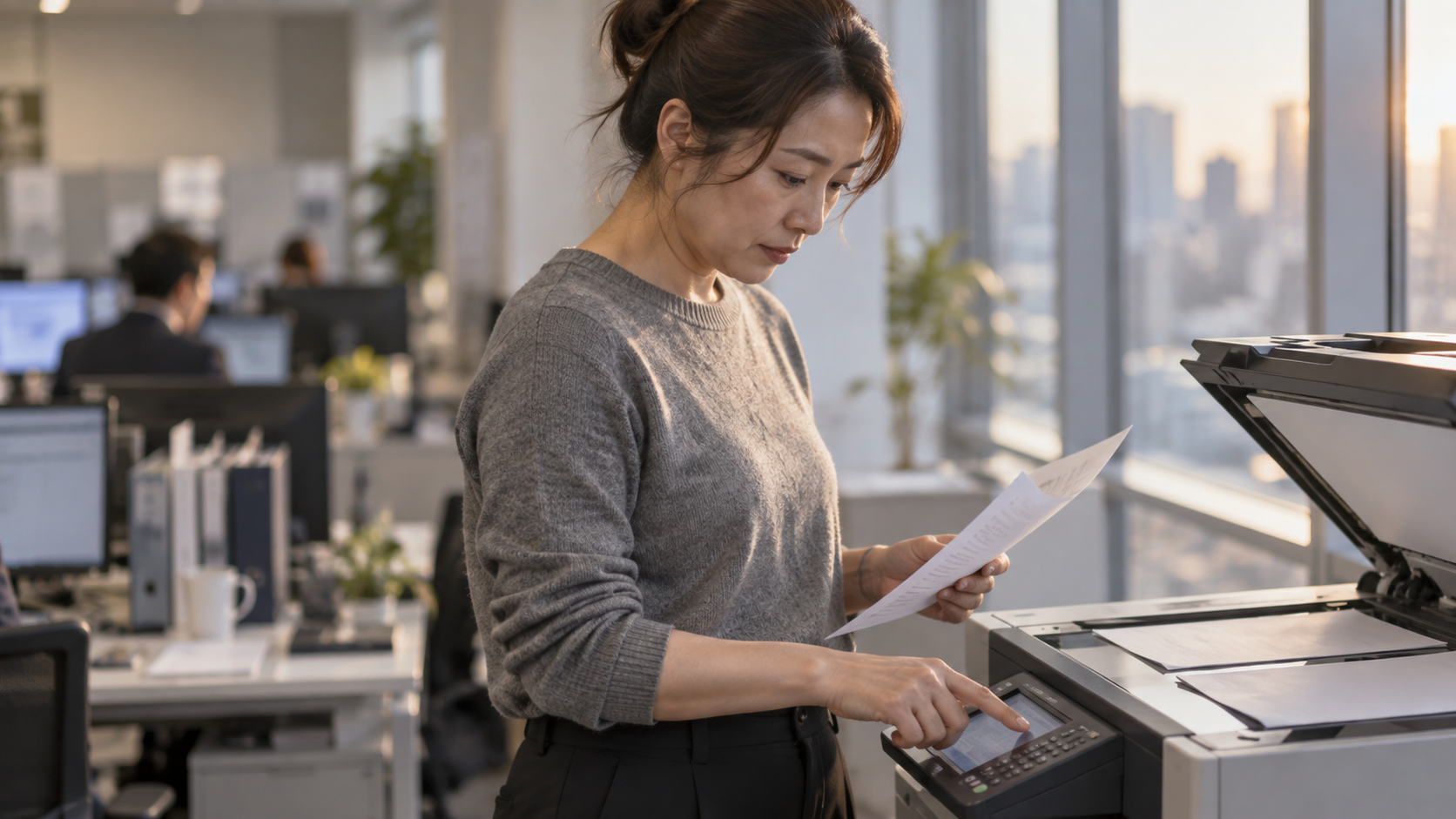 40代前半の日本人女性がFAXの送信をしている場面