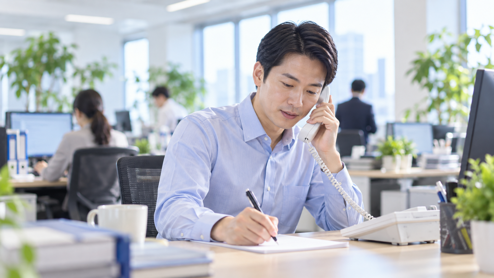 30代前半の日本人男性が電話での問い合わせ対応をしている場面