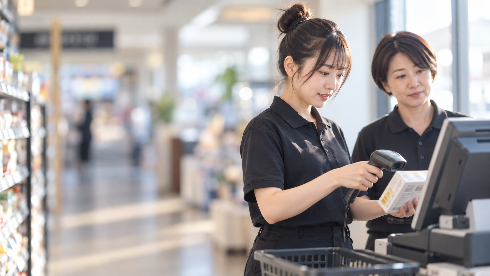 20代前半の日本人女性がPOSレジでの会計をしている場面