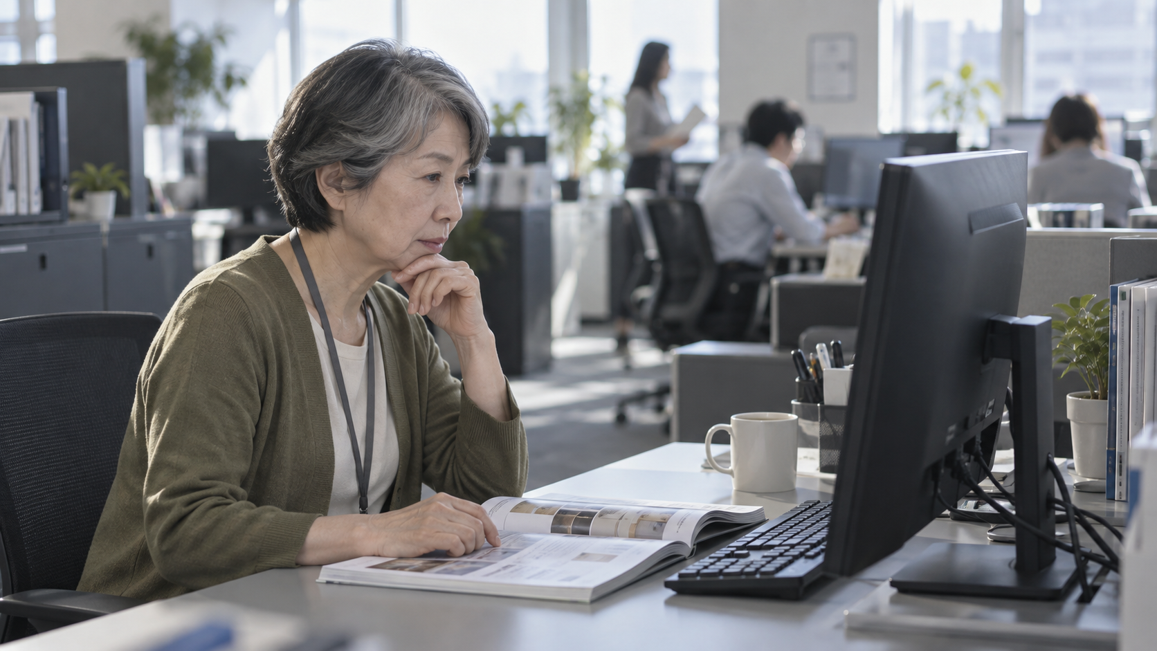 50代後半の日本人女性が発注画面の操作をしている場面