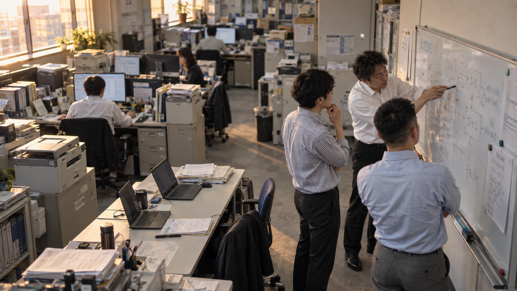 40代後半の日本人男性が要件定義の会議をしている場面