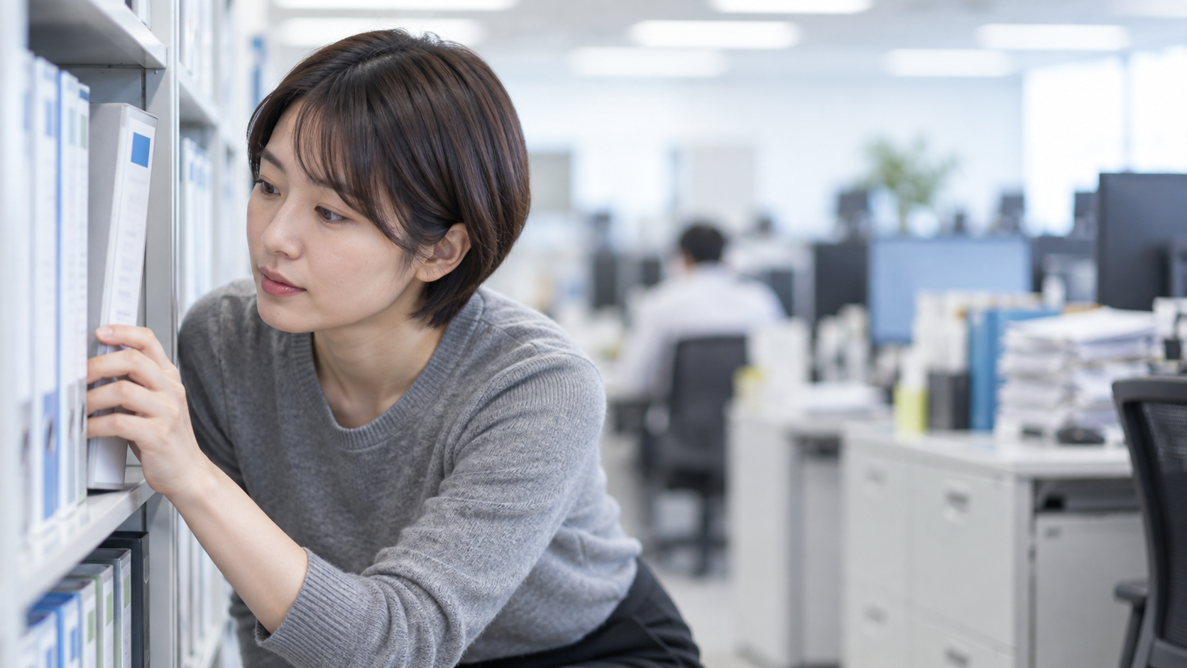 20代後半の日本人女性が書庫でのファイル探しをしている場面