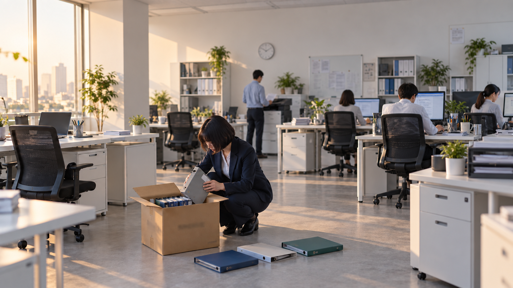 20代前半の日本人女性が年度末の書類整理をしている場面