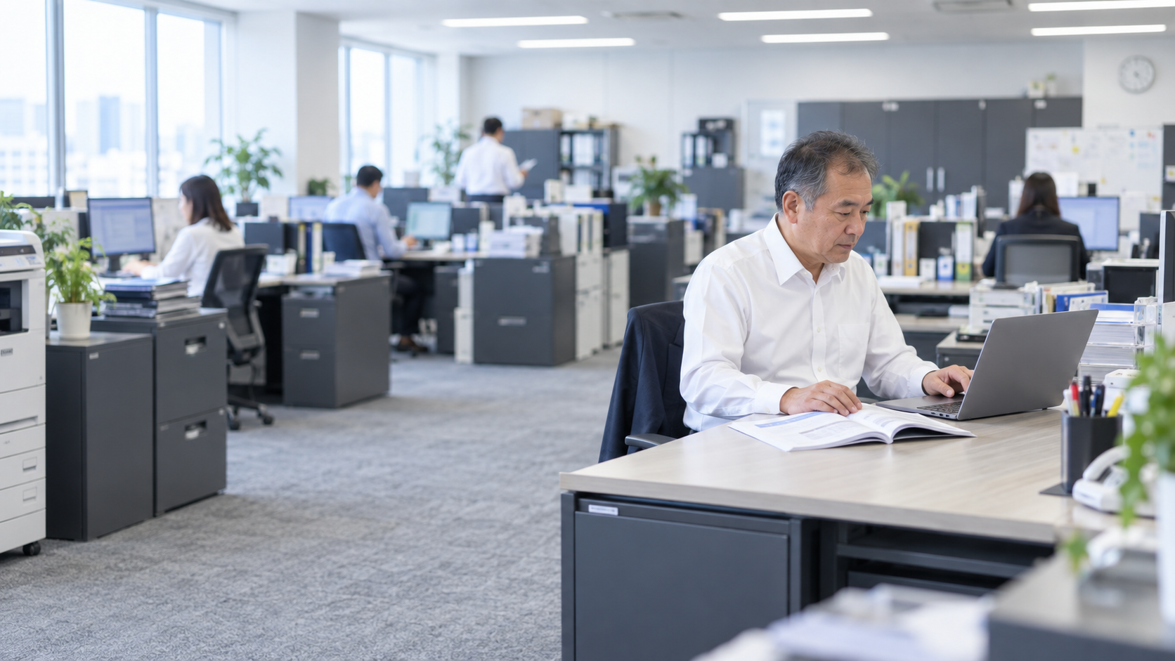 50代後半の日本人男性が動作の検証をしている場面