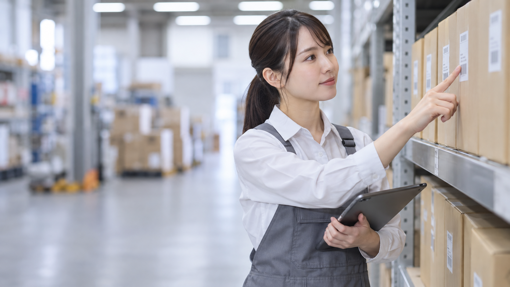 20代後半の日本人女性が倉庫の棚での在庫確認をしている場面