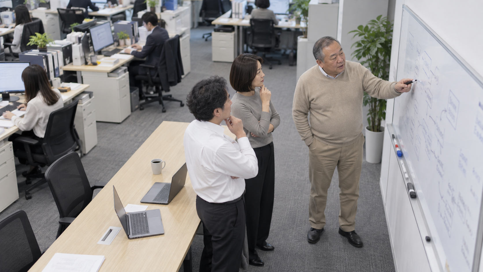 60代前半の日本人男性が要件定義の会議をしている場面