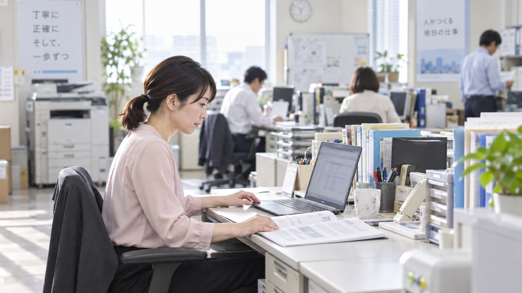 30代後半の日本人女性が動作の検証をしている場面