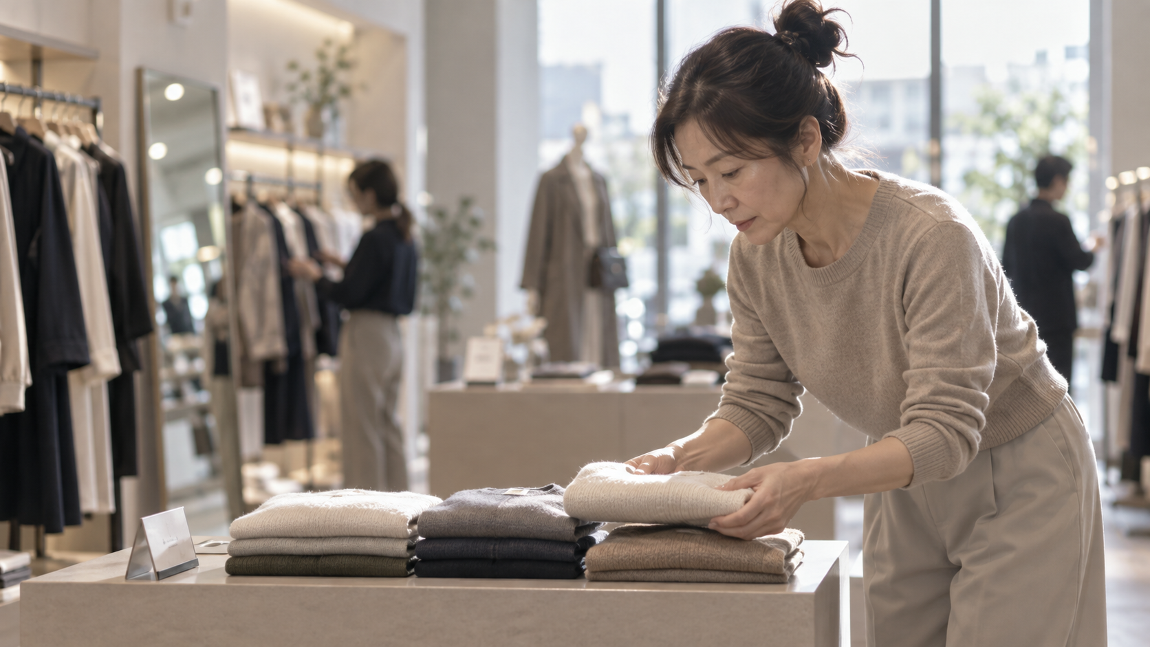 40代後半の日本人女性が畳み直しと陳列整理をしている場面