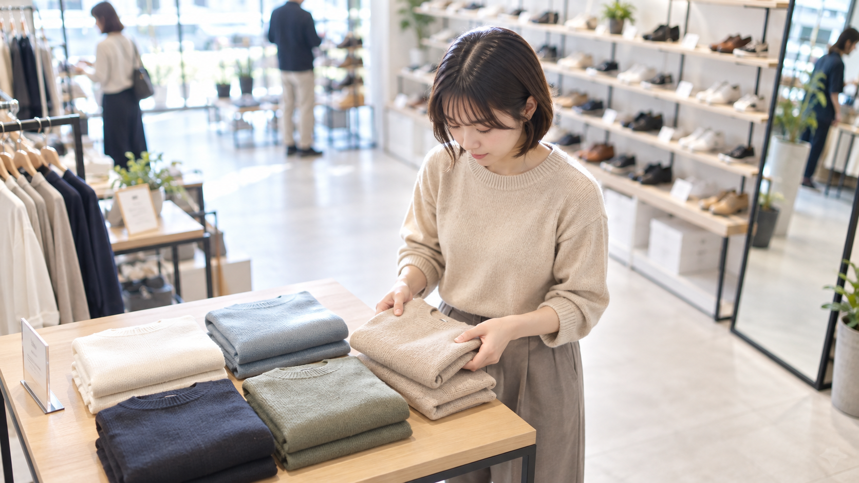 20代前半の日本人女性が畳み直しと陳列整理をしている場面