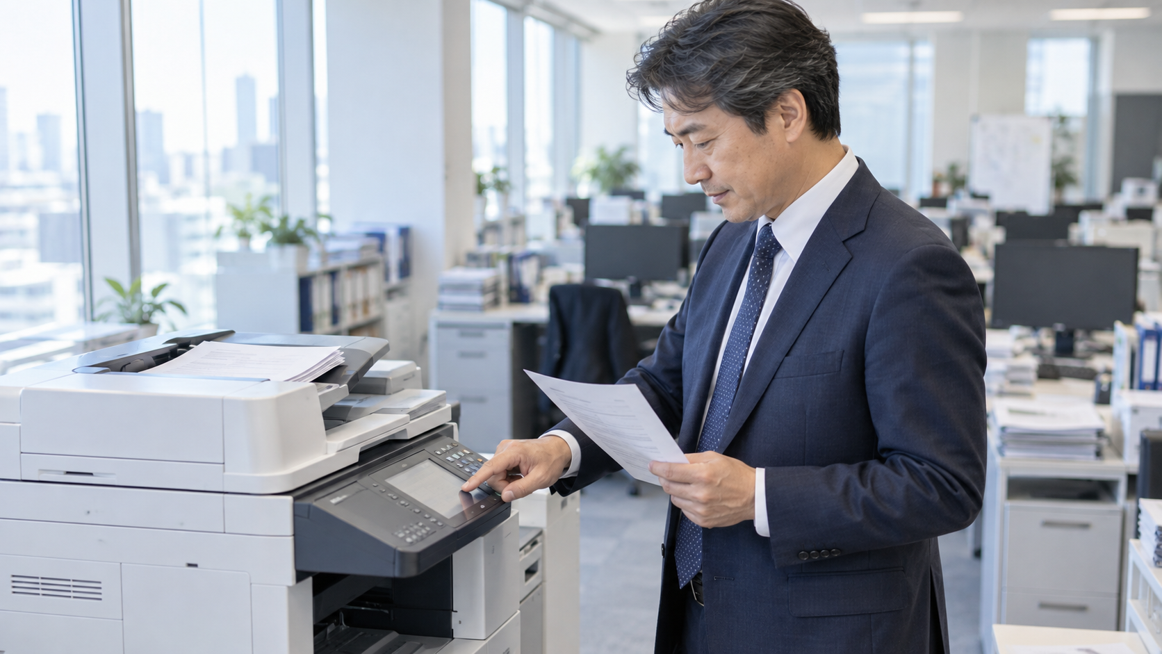 40代後半の日本人男性がFAXの送信をしている場面