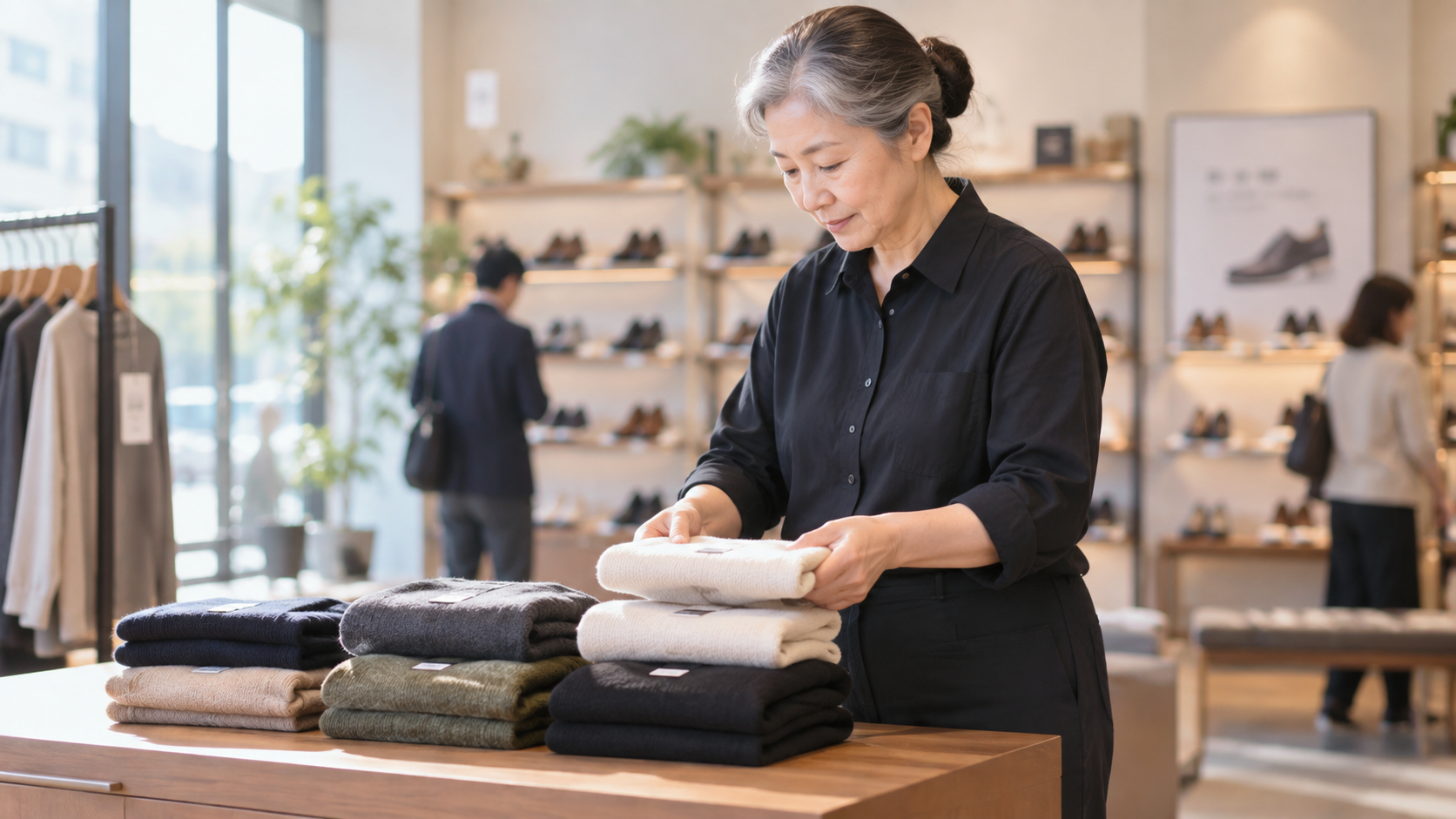 60代前半の日本人女性が畳み直しと陳列整理をしている場面