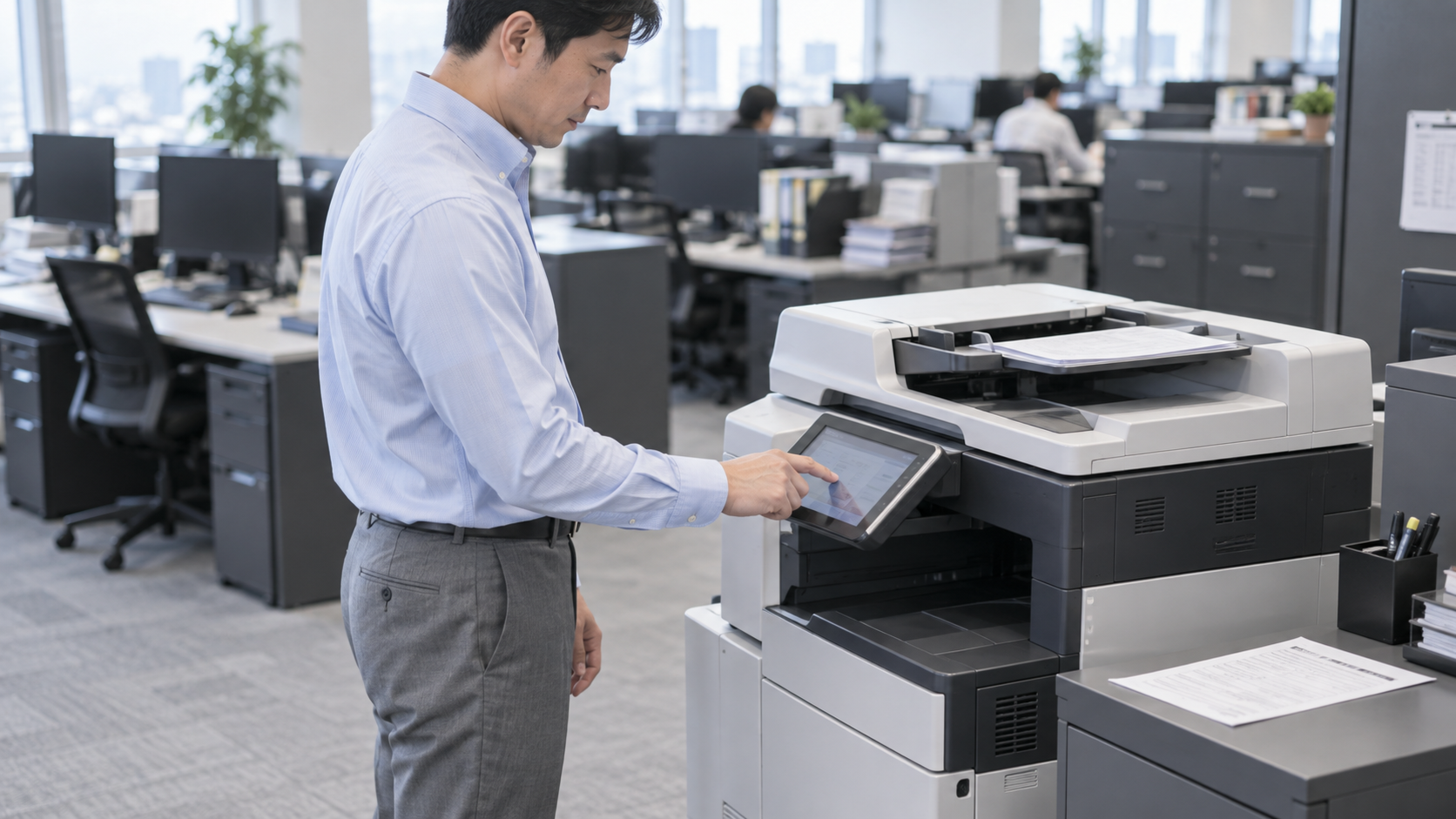 30代後半の日本人男性がFAXの送信をしている場面