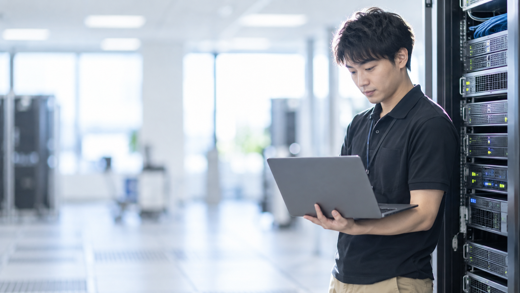 20代後半の日本人男性がサーバー機器の確認をしている場面