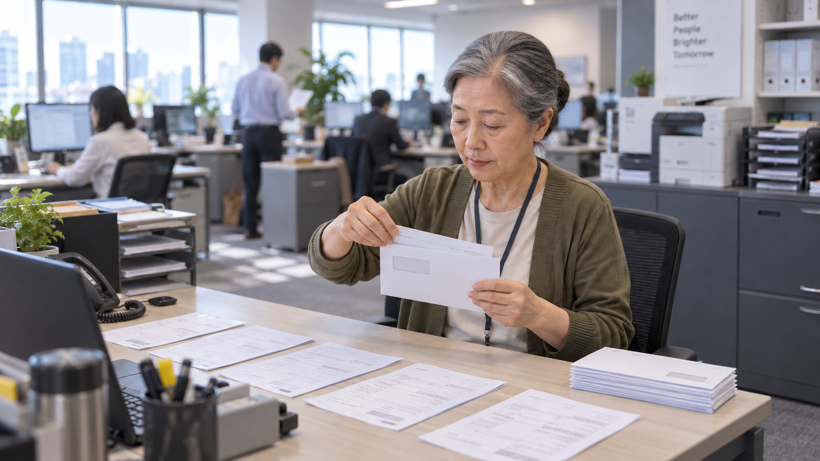 60代前半の日本人女性が請求書の封入をしている場面