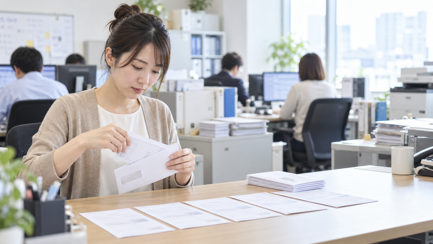 30代前半の日本人女性が請求書の封入をしている場面