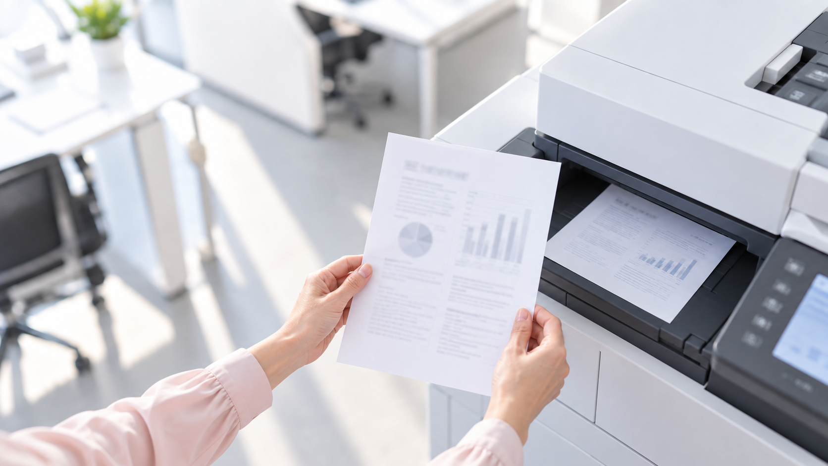 40代後半の日本人女性が受信したFAXの確認をしている場面