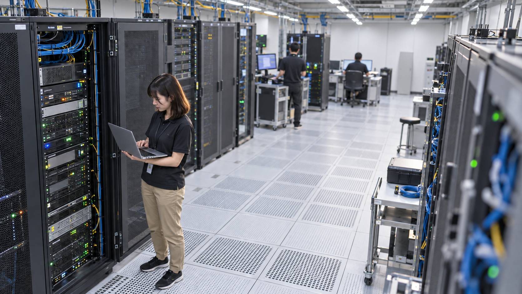 20代前半の日本人女性がサーバー機器の確認をしている場面