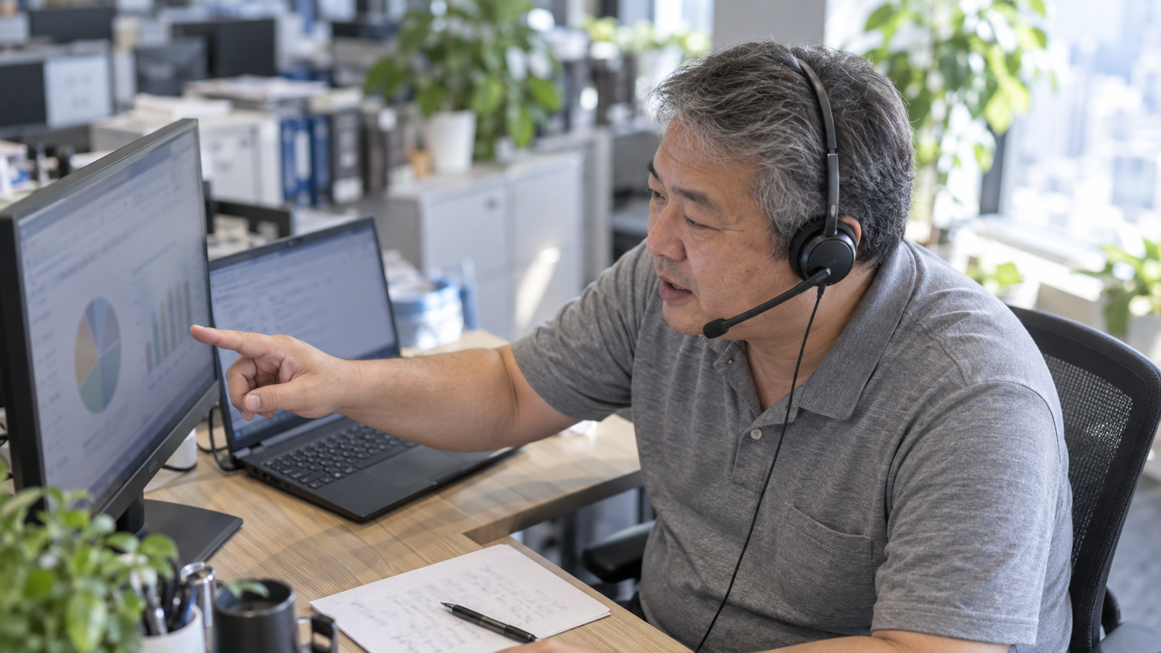 50代前半の日本人男性が開発のWeb会議をしている場面