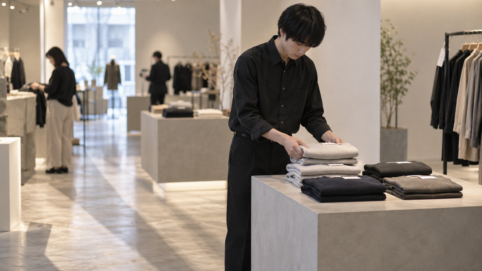 20代後半の日本人男性が畳み直しと陳列整理をしている場面