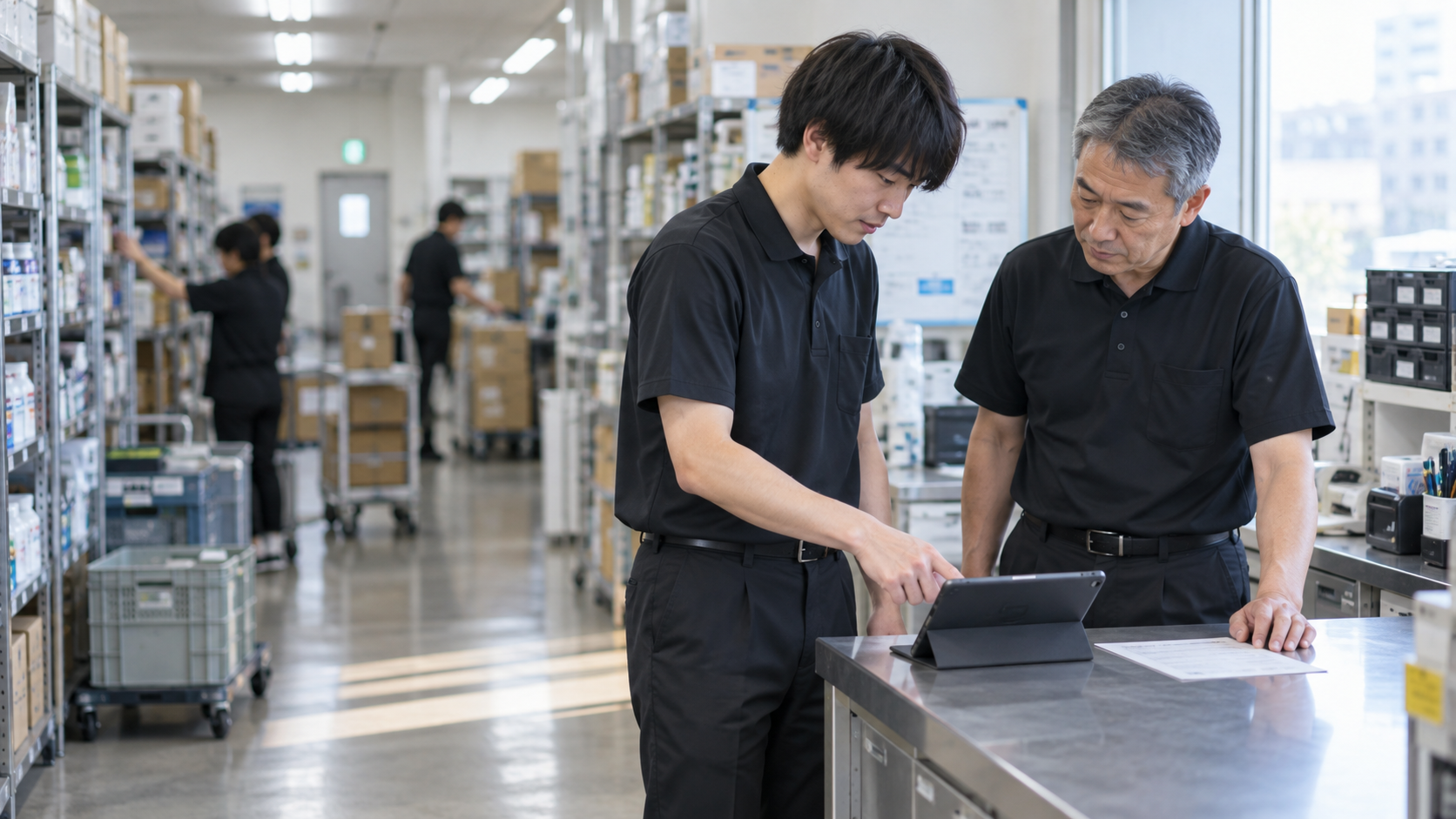 20代後半の日本人男性が店舗カウンターでの受注をしている場面