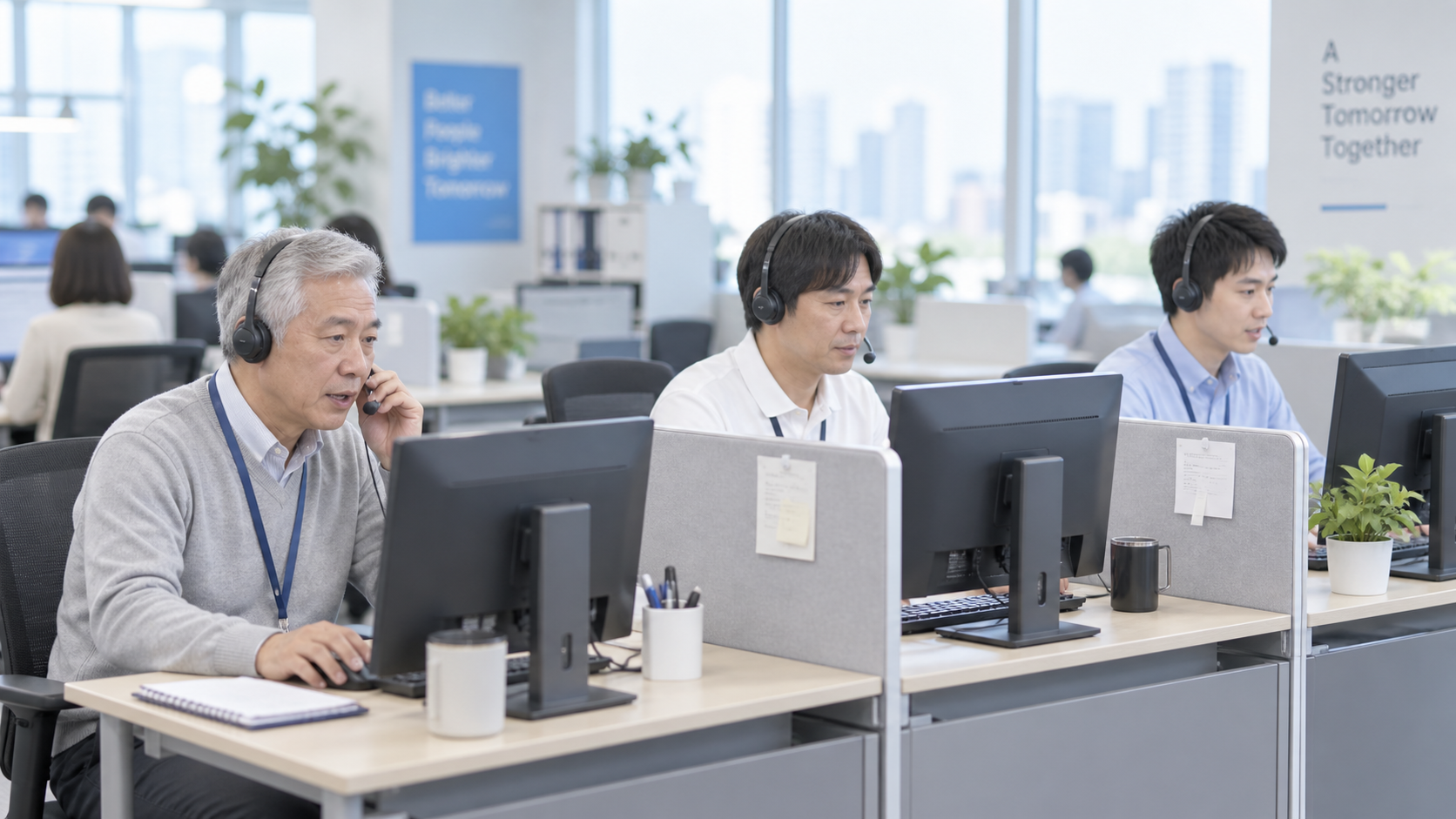 50代後半の日本人男性がコールセンターの全景をしている場面