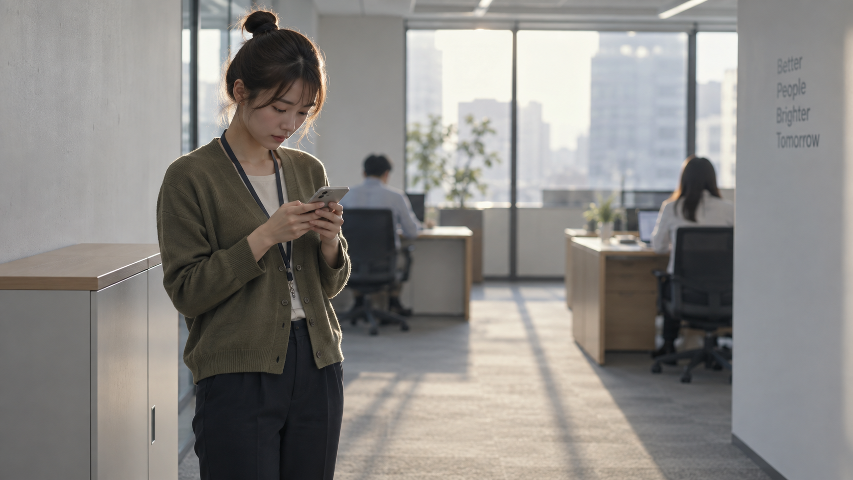 20代後半の日本人女性が移動中のスマートフォン確認をしている場面