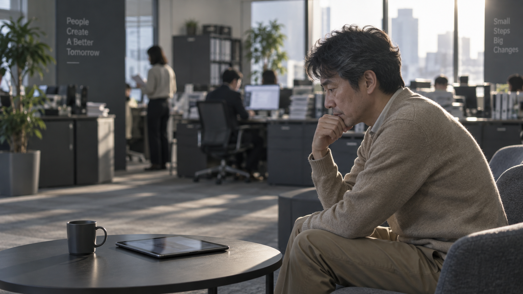 40代後半の日本人男性が休憩スペースでの確認をしている場面