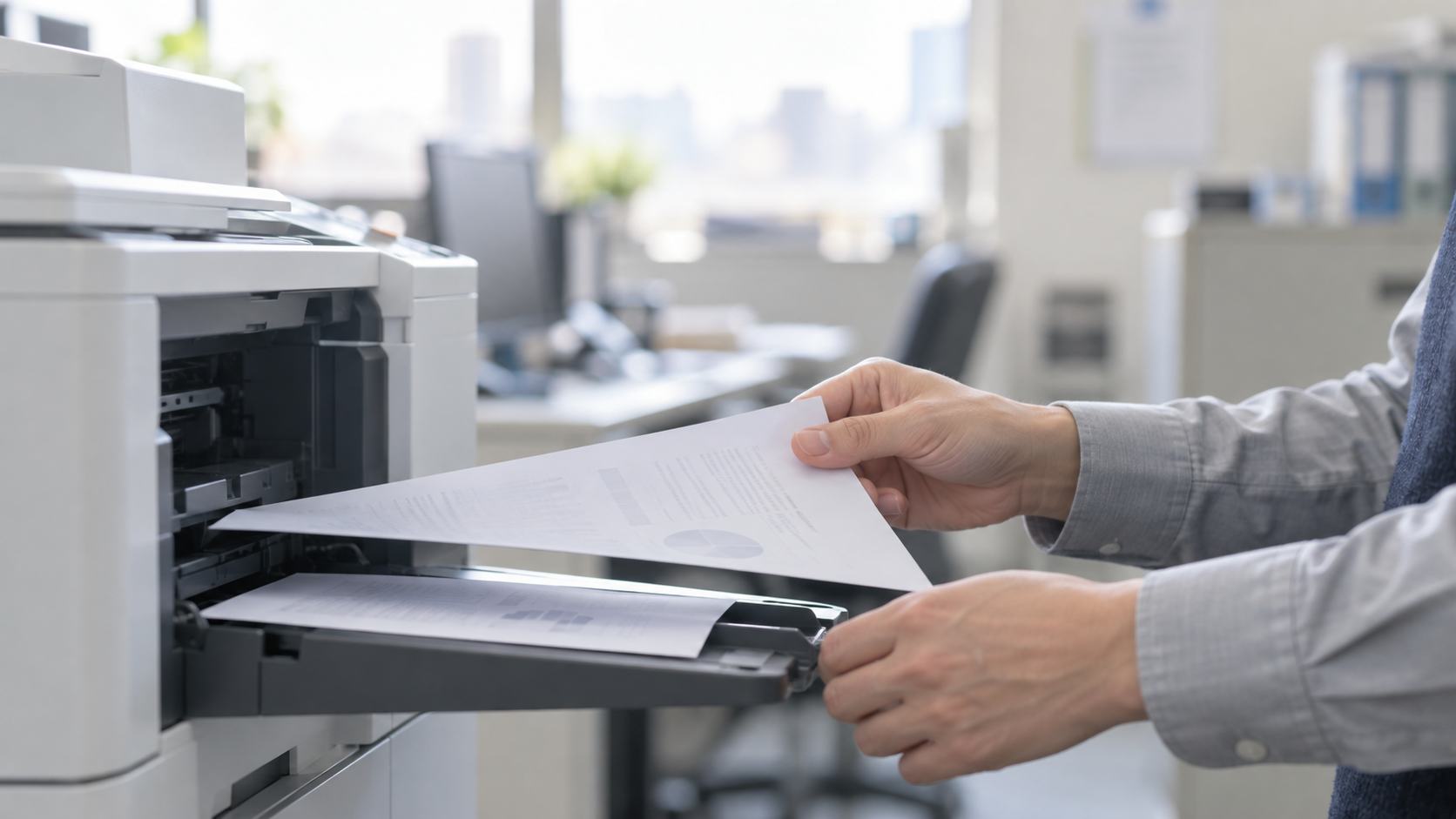 30代後半の日本人男性が受信したFAXの確認をしている場面