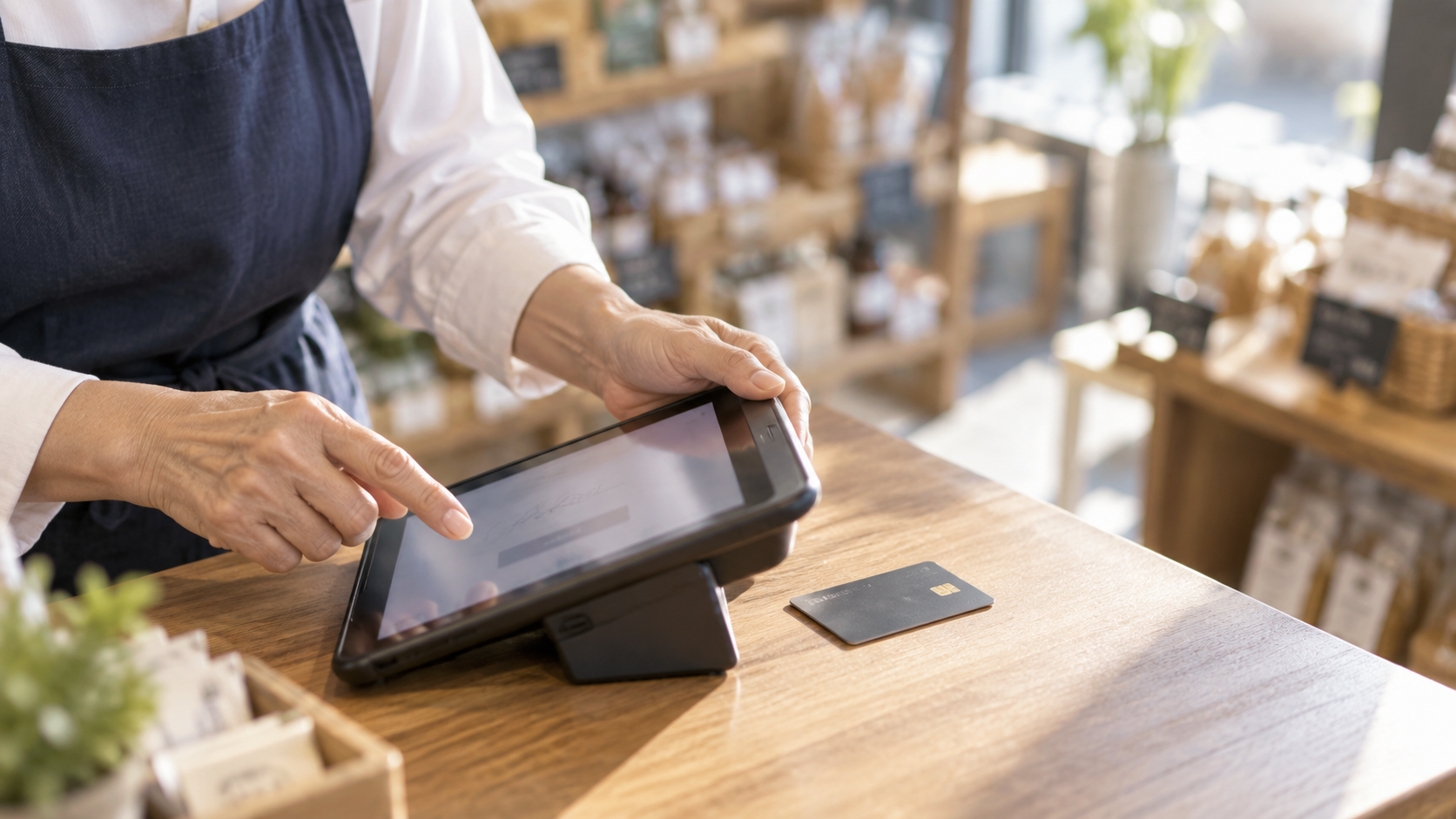 50代後半の日本人女性がタブレット型端末での決済をしている場面