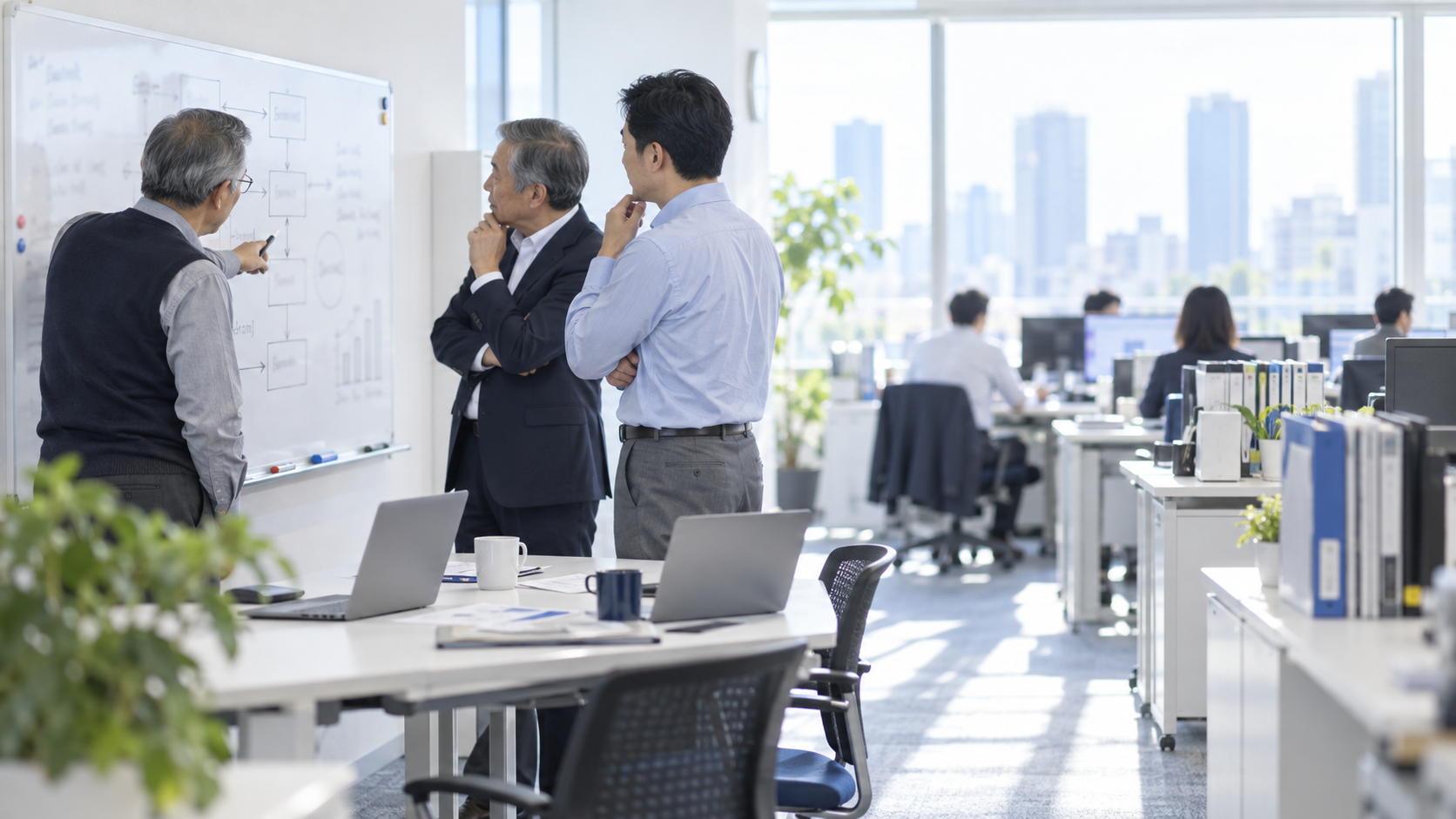 50代後半の日本人男性が要件定義の会議をしている場面