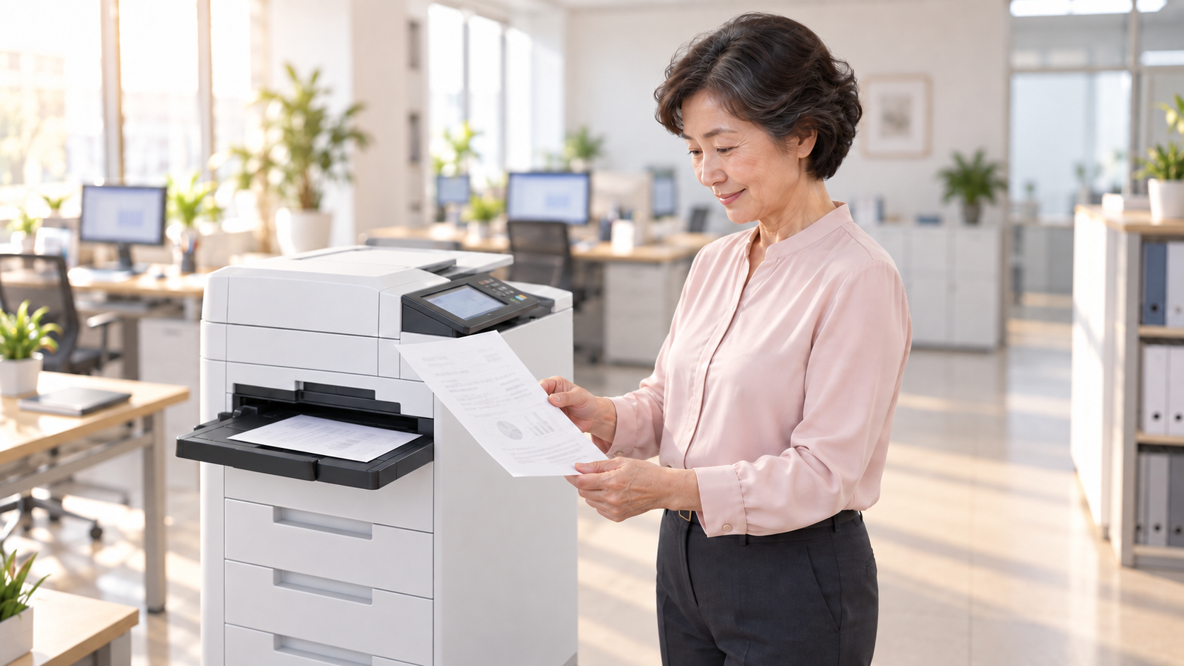 50代後半の日本人女性が受信したFAXの確認をしている場面