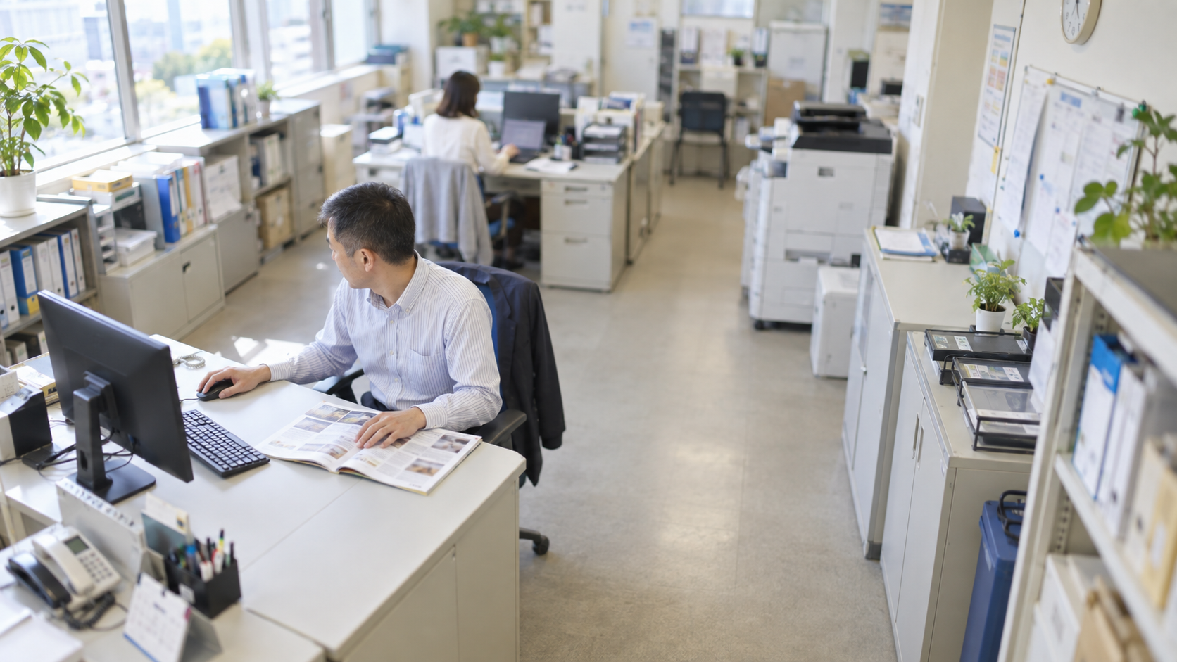 40代後半の日本人男性が発注画面の操作をしている場面