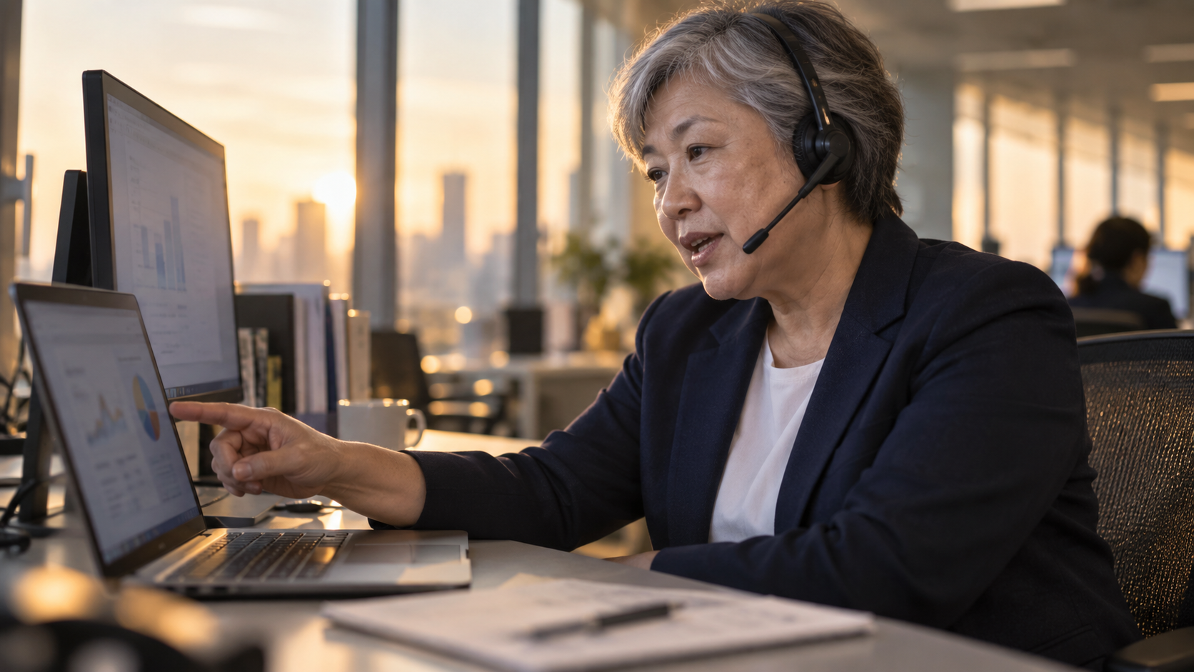 50代後半の日本人女性が開発のWeb会議をしている場面