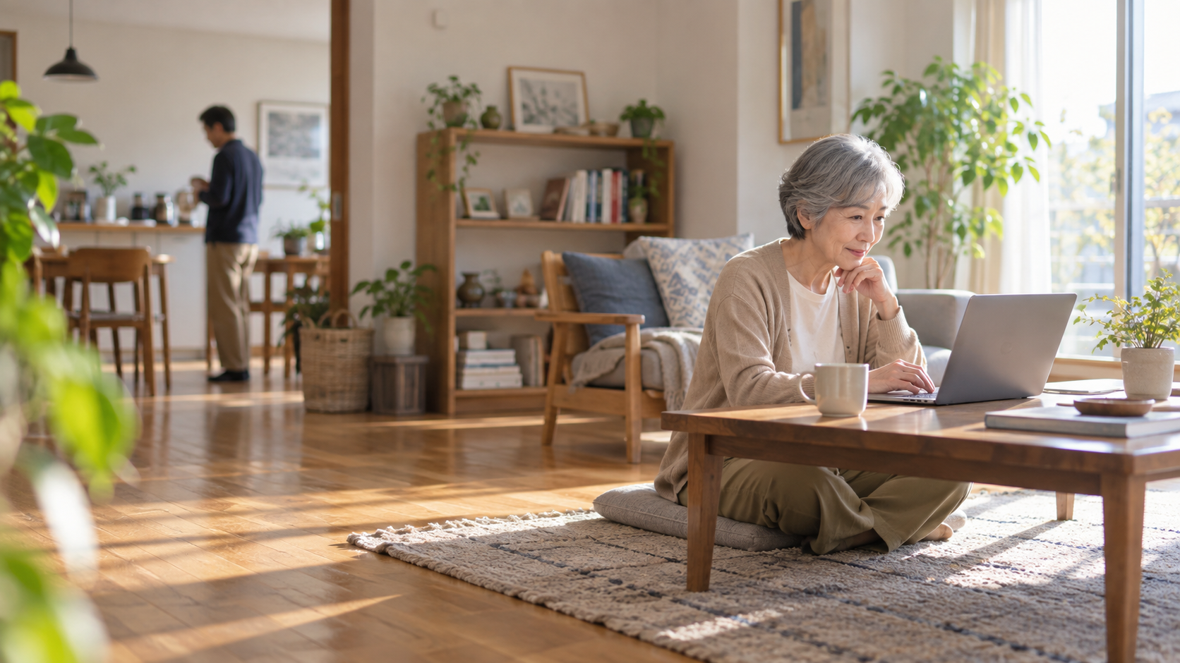 50代後半の日本人女性が自宅での注文をしている場面