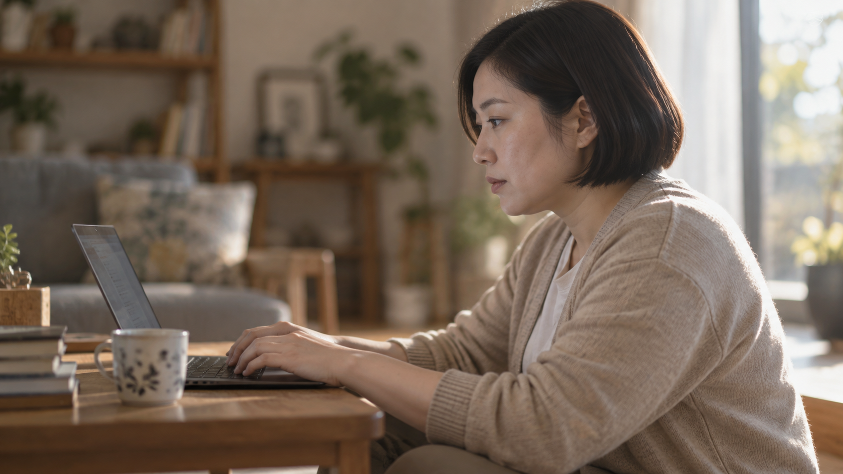 30代前半の日本人女性が自宅での注文をしている場面