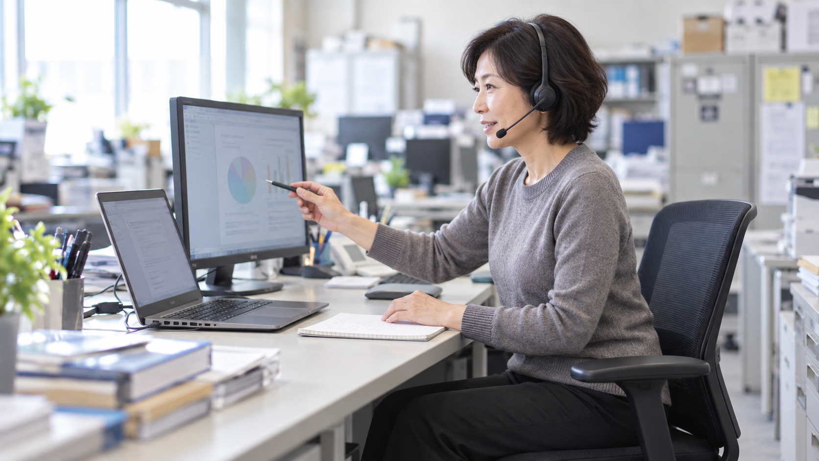 40代後半の日本人女性が開発のWeb会議をしている場面