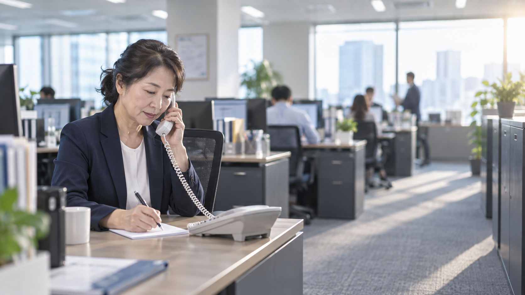 50代後半の日本人女性が電話での問い合わせ対応をしている場面
