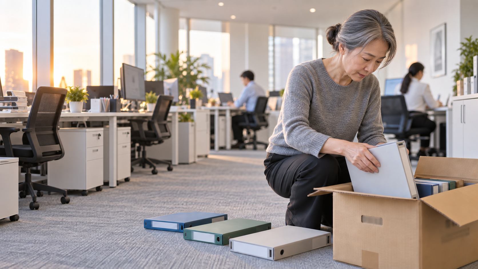 50代後半の日本人女性が年度末の書類整理をしている場面