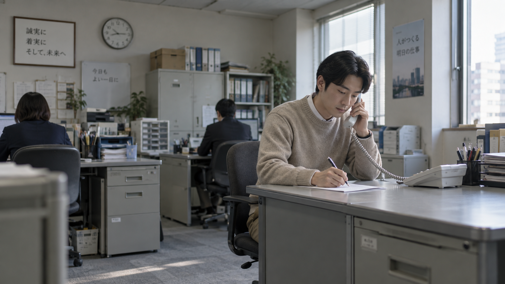 30代前半の日本人男性が電話での問い合わせ対応をしている場面