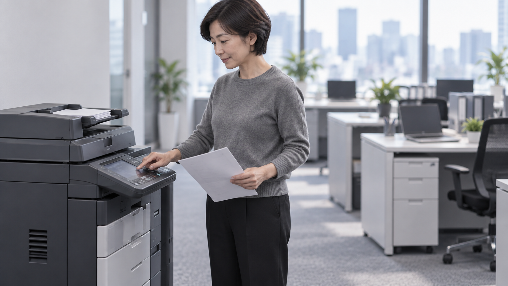 40代後半の日本人女性がFAXの送信をしている場面