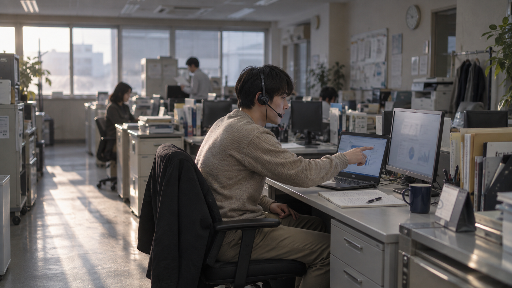 20代後半の日本人男性が開発のWeb会議をしている場面