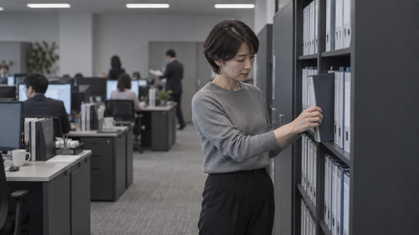30代後半の日本人女性が書庫でのファイル探しをしている場面