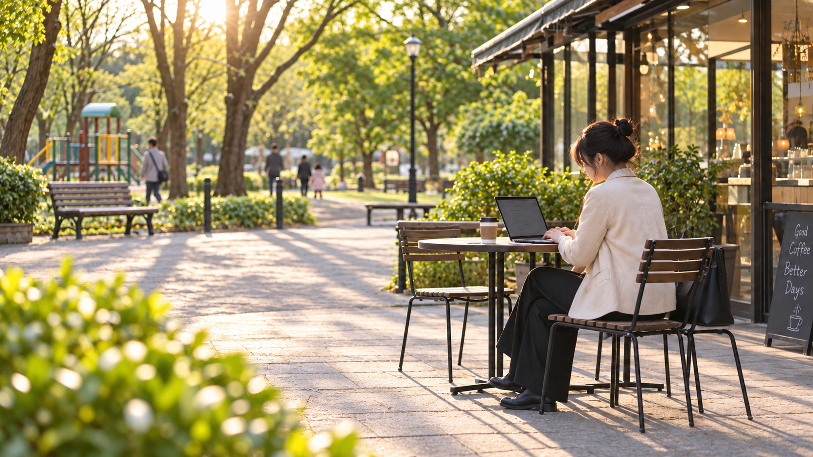 20代後半の日本人女性が屋外席での作業をしている場面