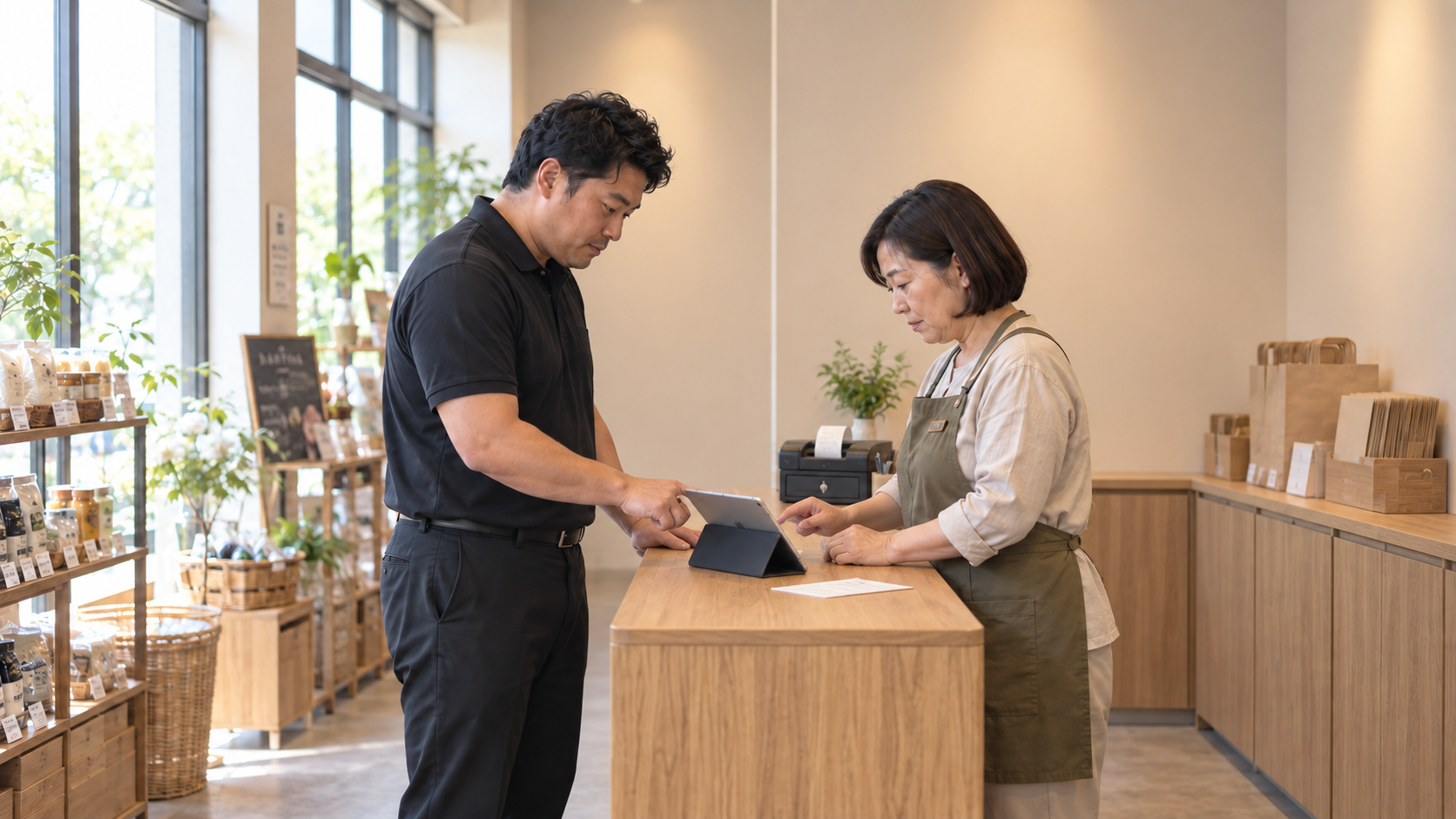 30代後半の日本人男性が店舗カウンターでの受注をしている場面