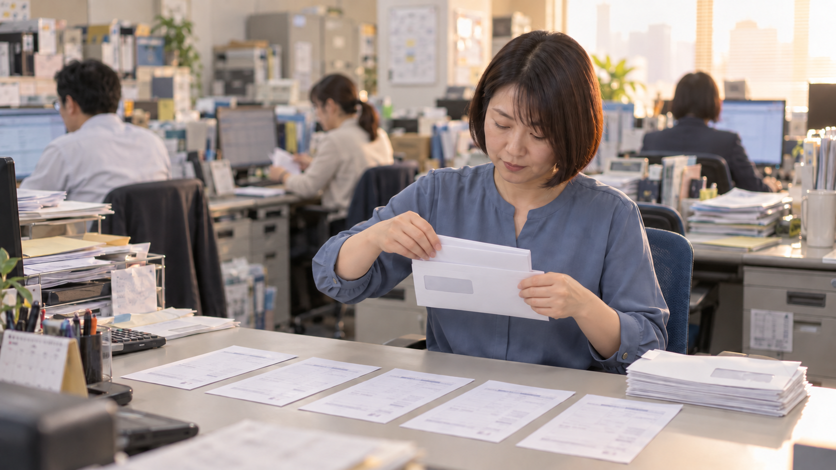 40代前半の日本人女性が請求書の封入をしている場面