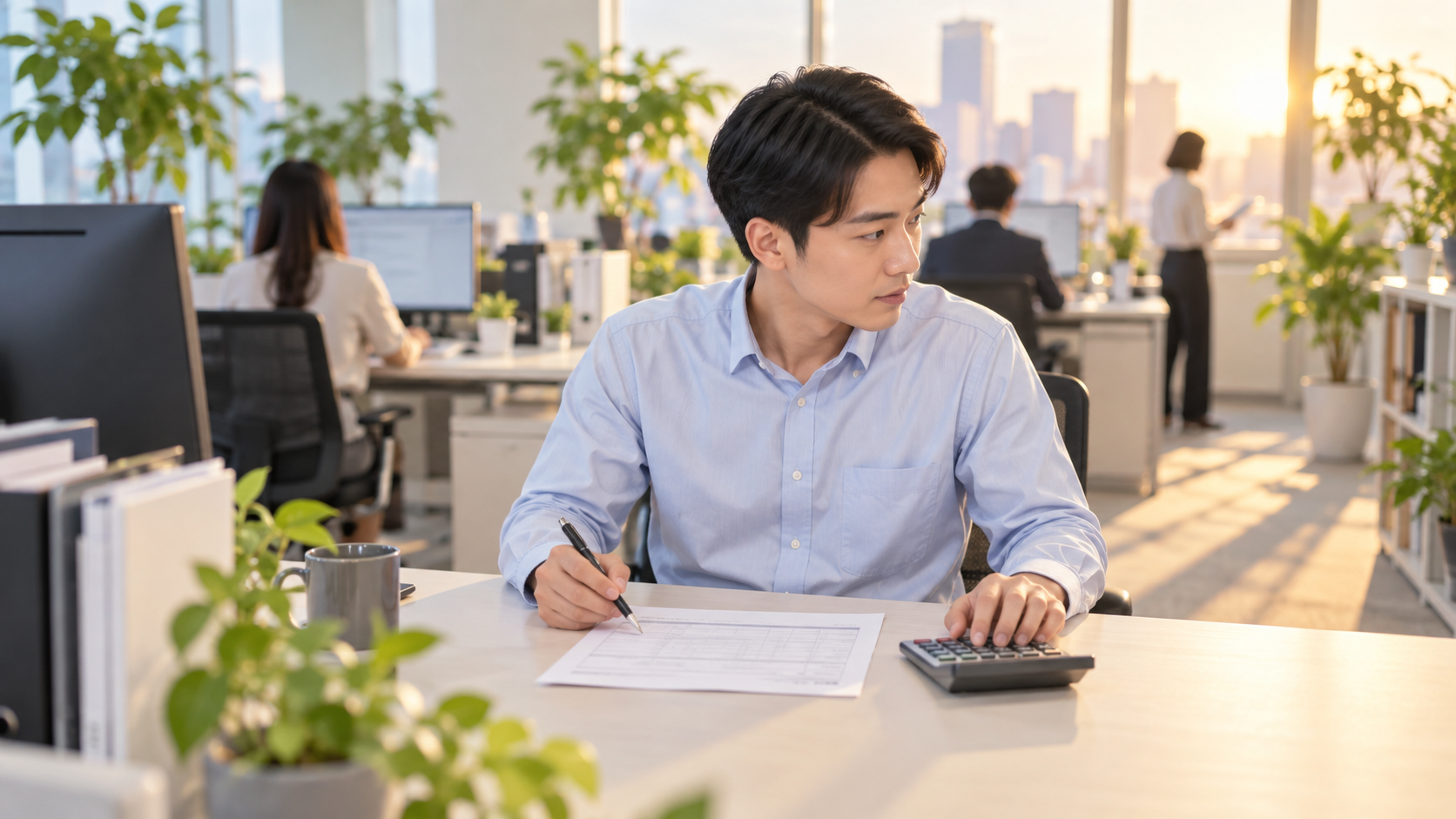 20代後半の日本人男性が見積書の照合をしている場面