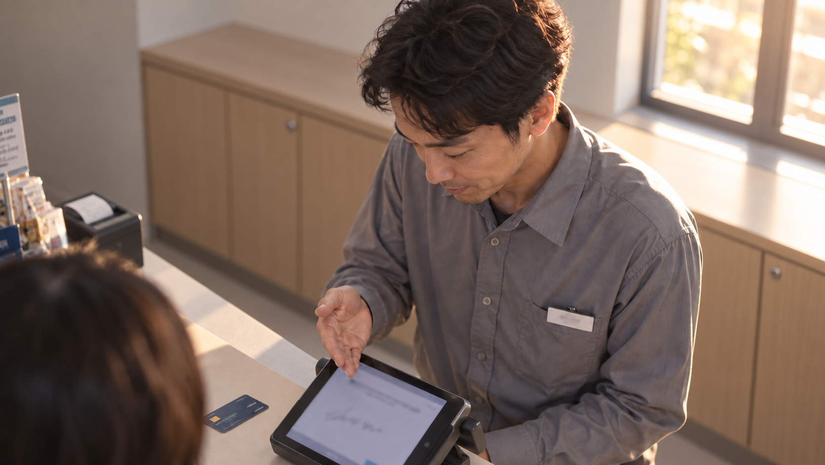 30代後半の日本人男性がタブレット型端末での決済をしている場面
